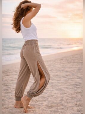 Zenana Ash Mocha Side Slit Harem Pants~Boho Beach Lounge Flowy High Slit~Size Lg